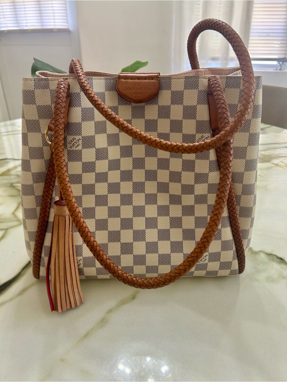 Louis Vuitton Damier Azur Braided Handle Tote - Beige/White with Brown Trim - Picture 3 of 5